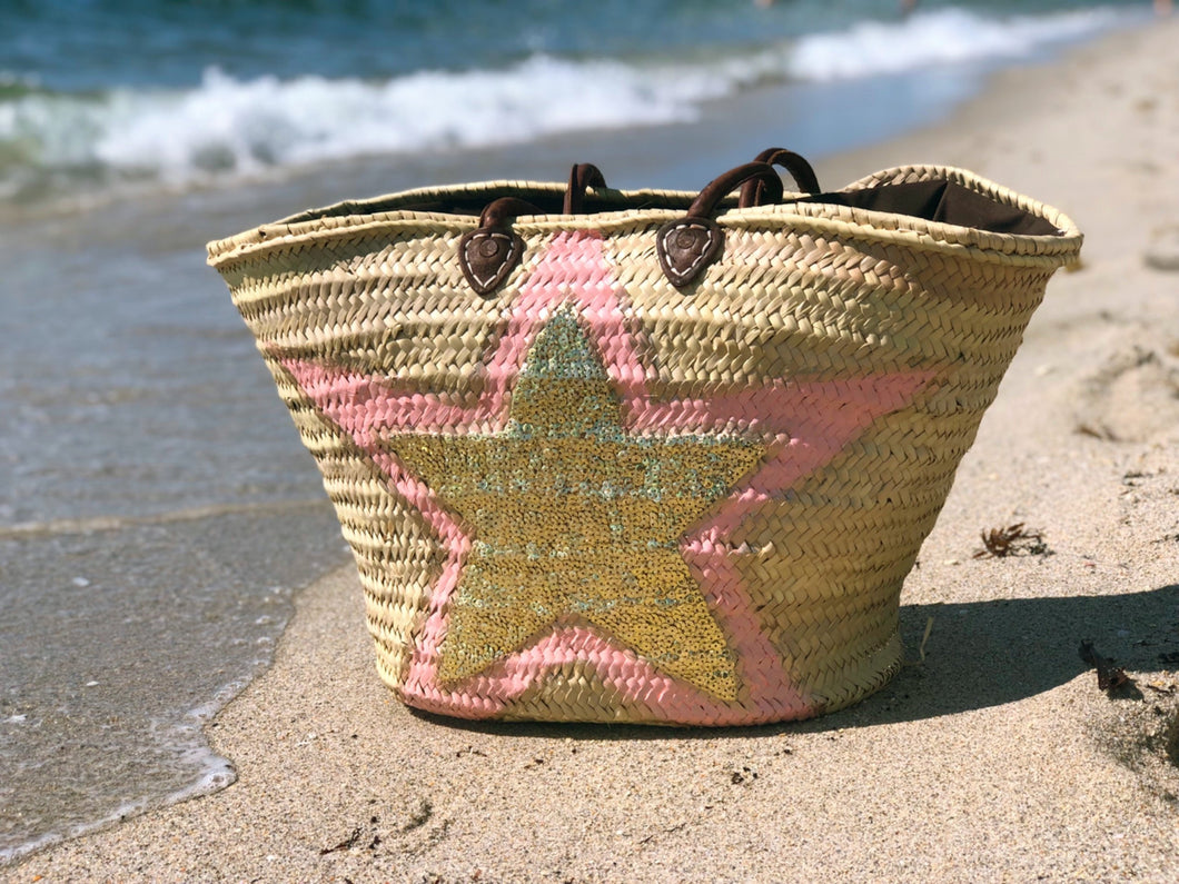 'Blush Golden Star' Handpainted Straw Bag