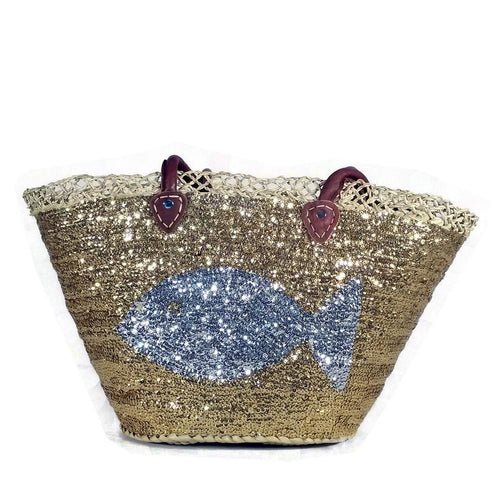 Bahiti Large Gold Sequin Basket with a Silver Fish
