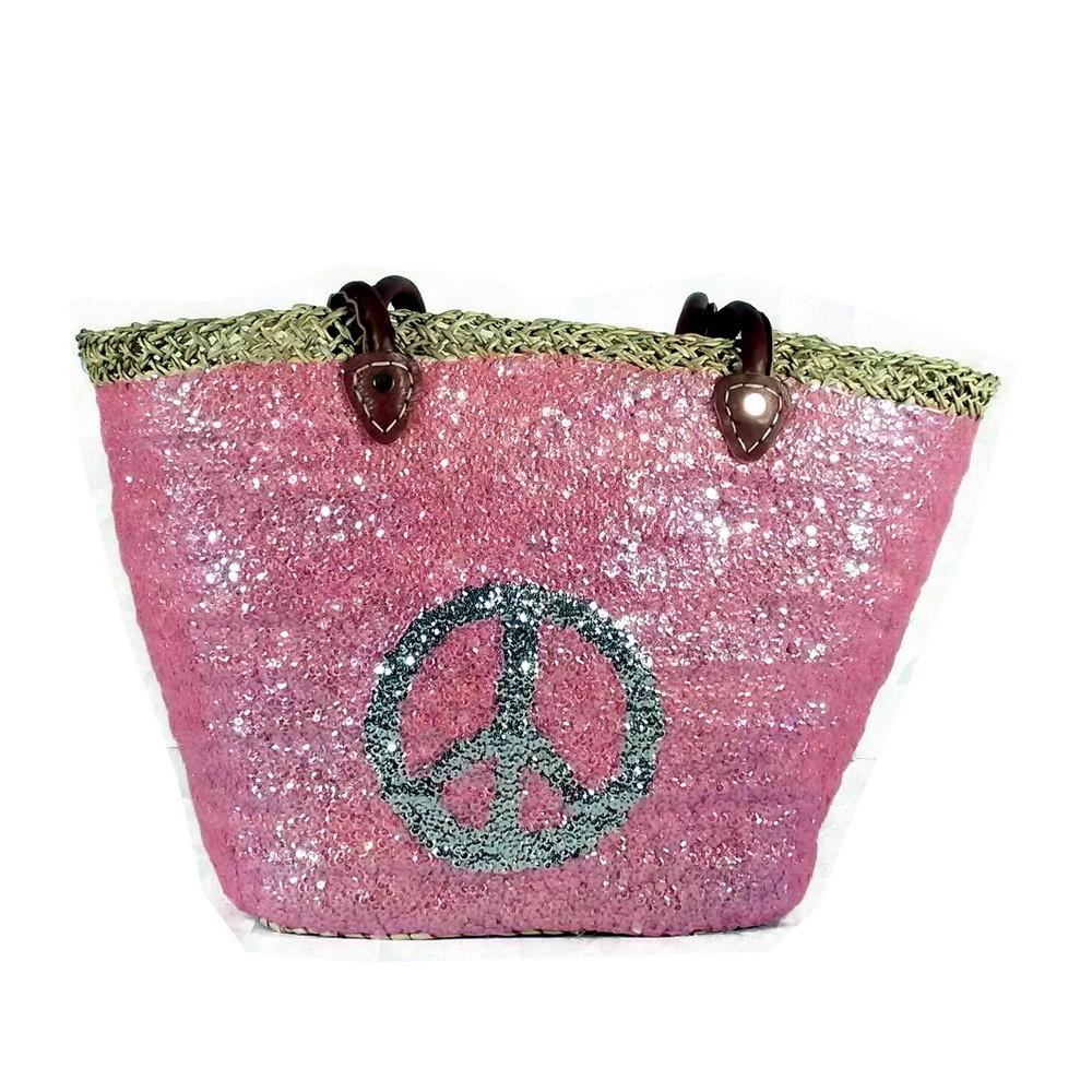 Bahiti Large Pink Sequin Basket with a Silver Peace Sign