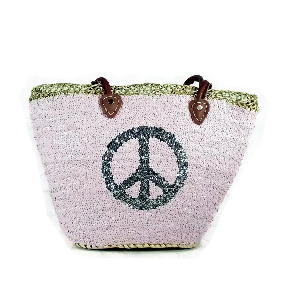 Bahiti Large Light Pink Sequin Basket with a Silver Peace Sign