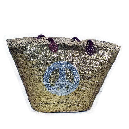 Bahiti Large Gold Sequin Basket with a Silver Peace Sign