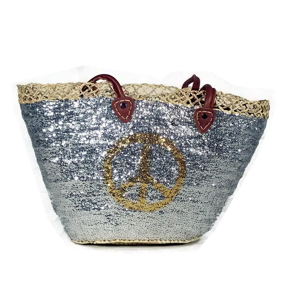 Bahiti Large Silver Sequin Basket with a Gold Peace Sign