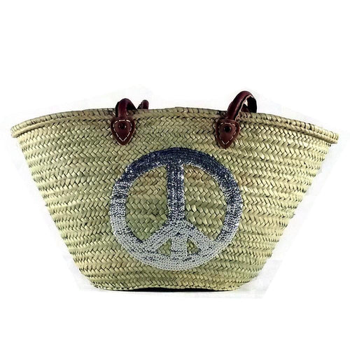 Abella Large Straw Basket with a Silver Peace Sign