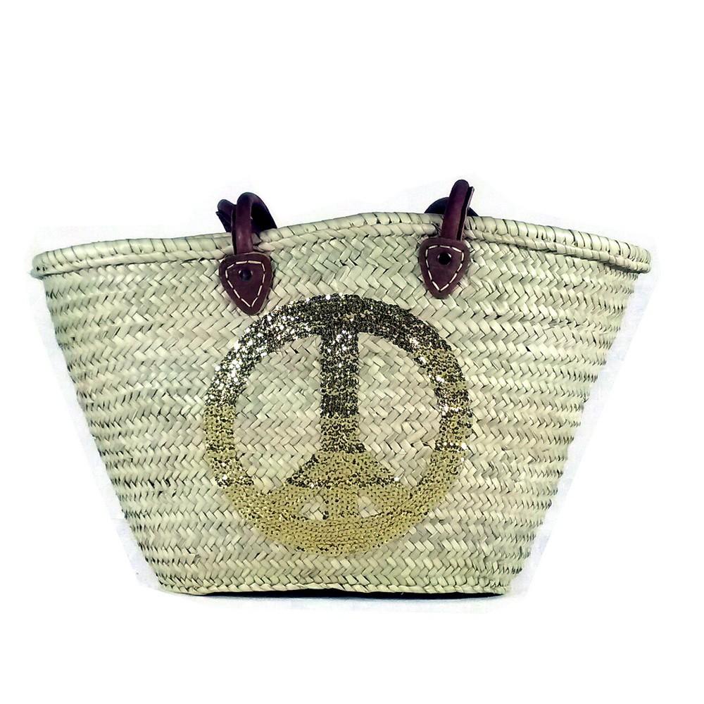 Abella Large Straw Basket with a Gold Peace Sign