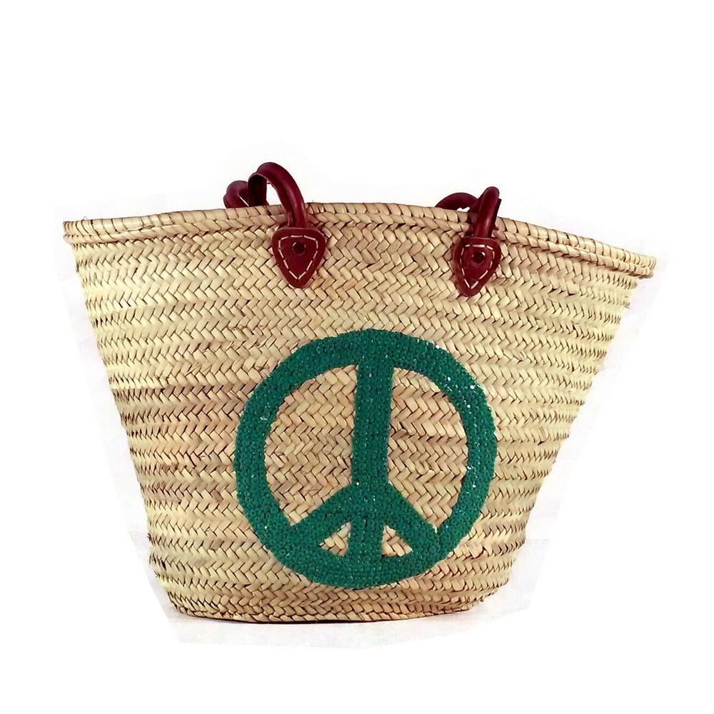 Abella Large Straw Basket with a Green Peace Sign