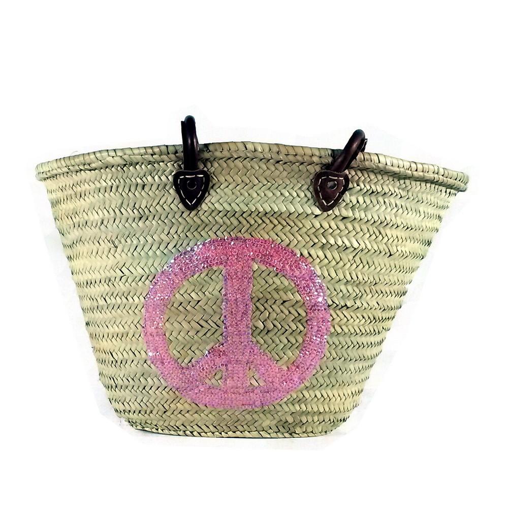 Abella Large Straw Basket with a Pink Peace Sign
