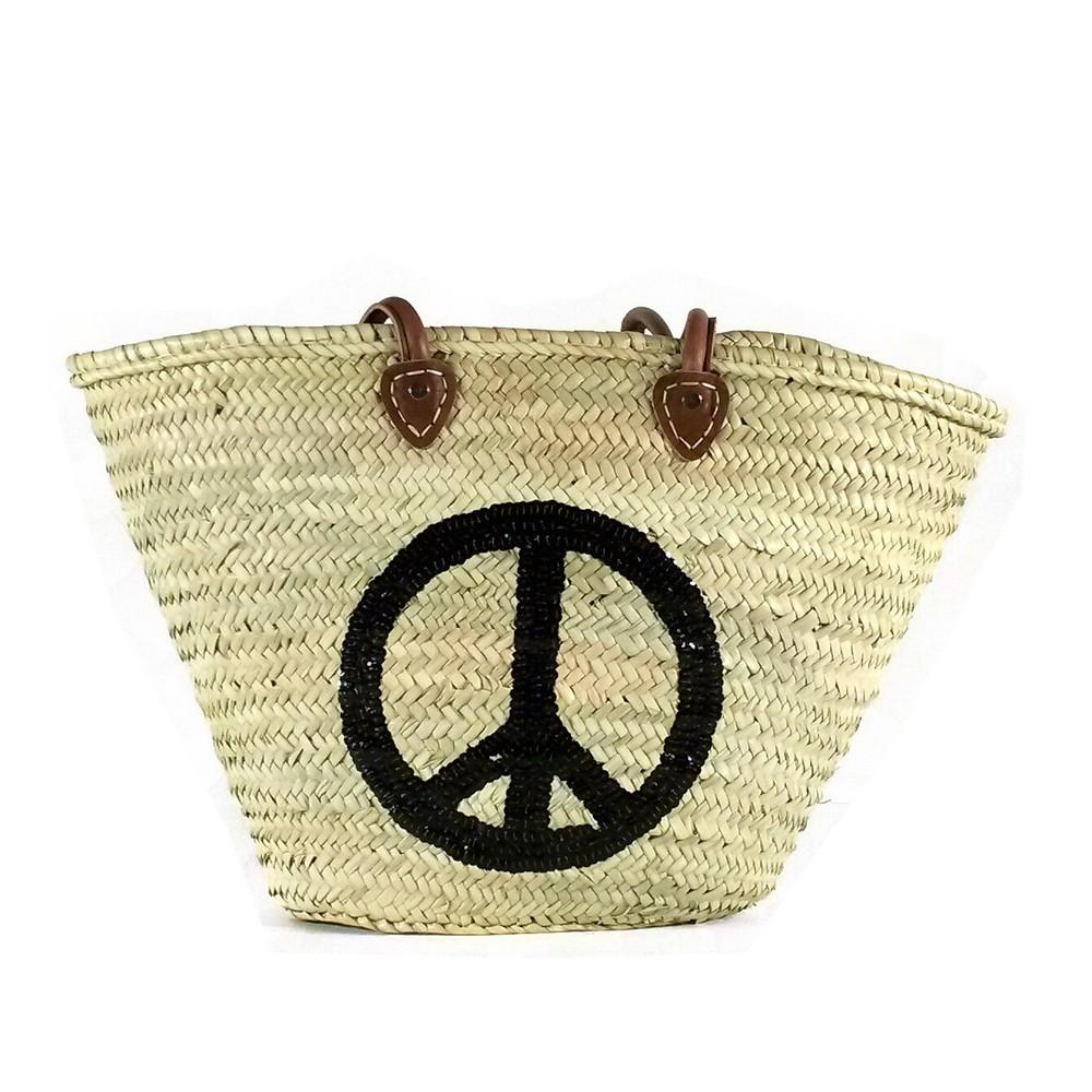 Abella Large Straw Basket with a Black Peace Sign