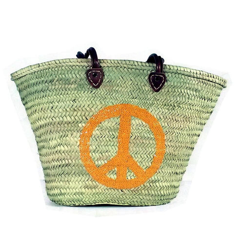 Abella Large Straw Basket with an Orange Peace Sign