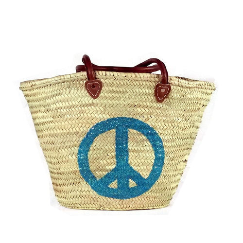 Abella Large Straw Basket with a Blue Peace Sign