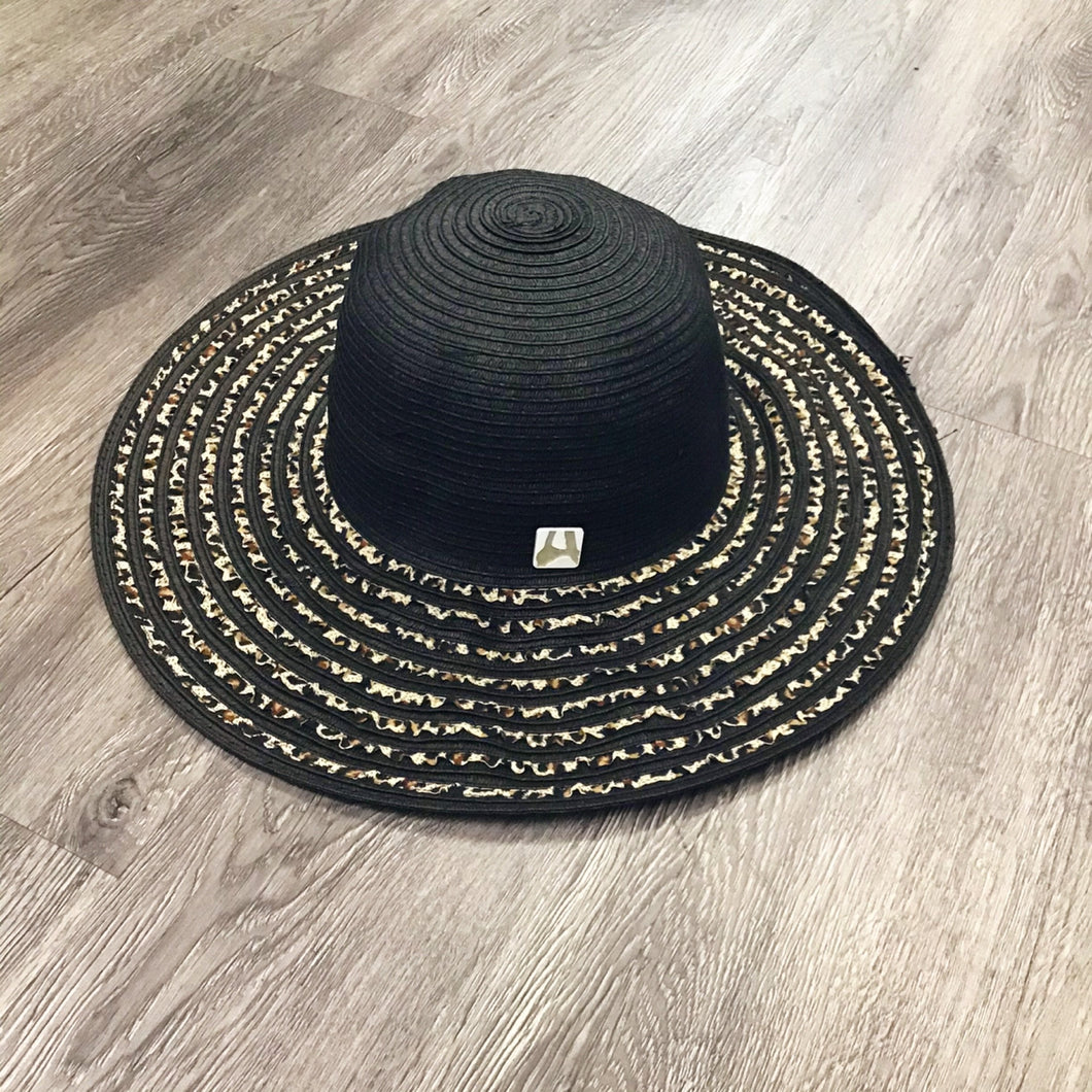 Black Animal Print Ribbon Straw Beach Hat